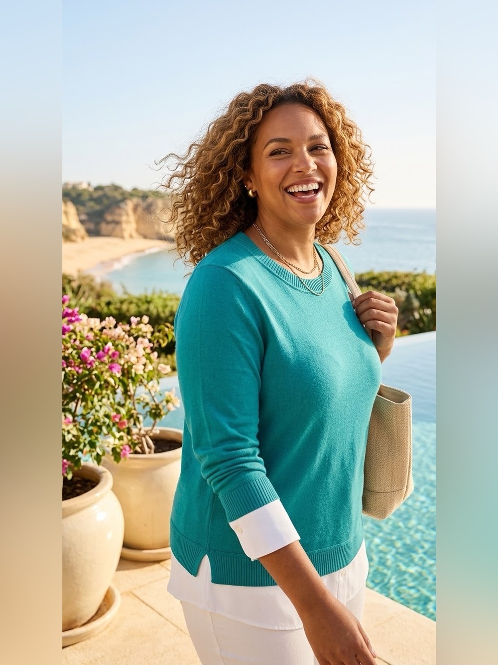 SIZE 1X Isaac Mizrahi Live!® NEW Teal Layered Sweater Cotton Blend